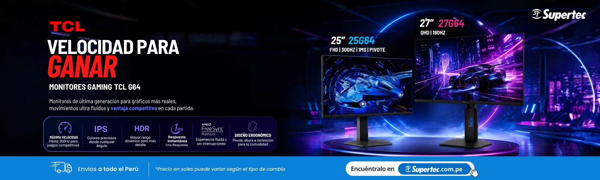 monitor gamer TCL PIVOTEABLE 1MS 300HZ 180HZ