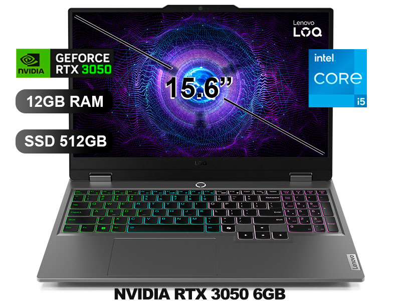 LAPTOP LENOVO LOQ 15IAX9 I5-12450HX/ 12GB/ SSD512GB/ RTX3050 6GB/ FREE/ 83GS00JULM/ 15.6