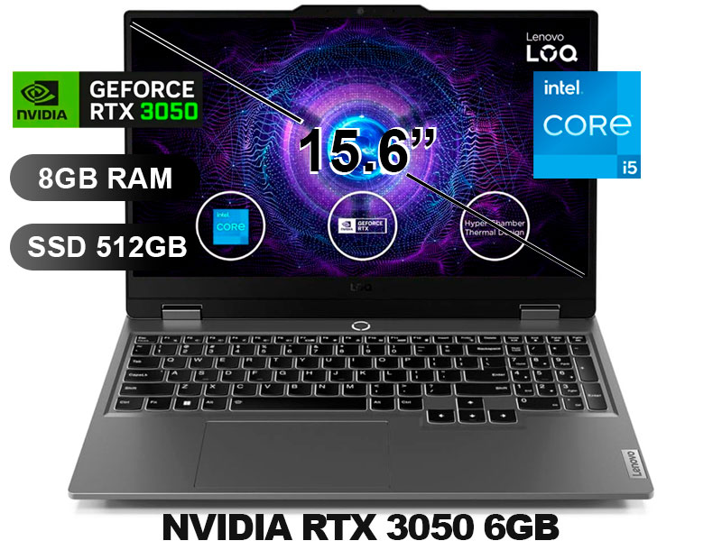 LAPTOP LENOVO LOQ 15IAX9 I5-12450HX/ 8GB/ SSD512GB/ RTX3050 6GB/ 15.6 FHD/ FREEDOS/ 83GS006WLM