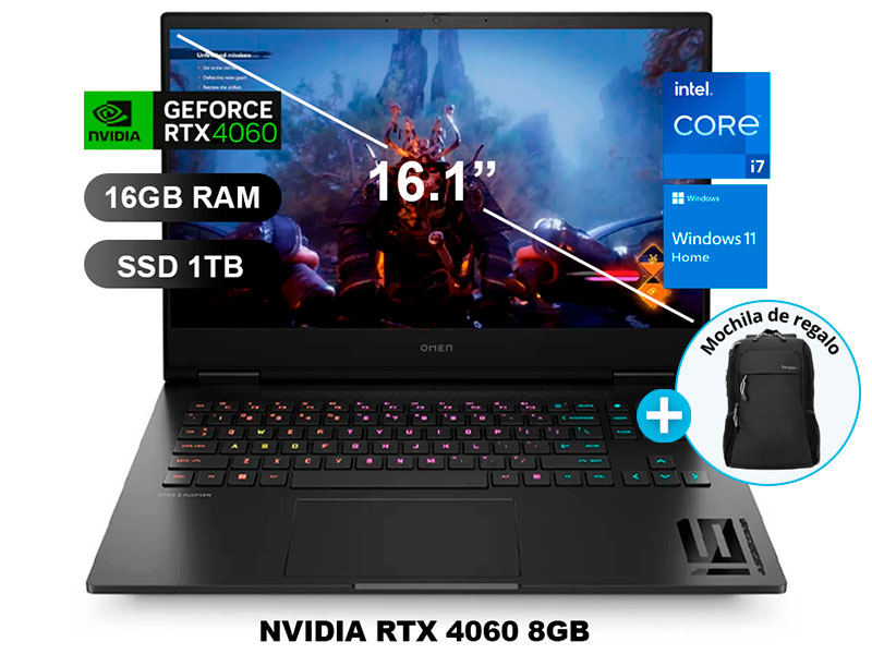 LAPTOP HP OMEN 16-WD0000LA GeForce RTX™ 4060/ I7-13620H/ 16GB/ SSD1TB/ V8GB/ W11H/ 16.1/ 827J9LA
