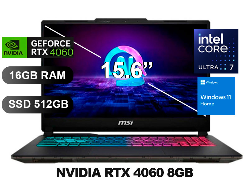 LAPTOP MSI GAMING CYBORG 15 AI A1VFK-CU7 ULTRA7/ 16GB/ SSD512GB/ RTX4060-8GB/ W11H