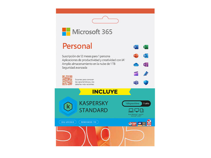 OFFICE MICROSOFT 365 PERSONAL  1 USUARIO / 5 DISPOSITIVOS / 1 AÑO + KASPERSKY 1PC + IA COPILOT 