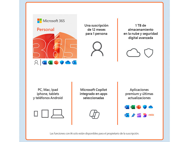 OFFICE MICROSOFT 365 PERSONAL  1 USUARIO / 5 DISPOSITIVOS / 1 AÑO + KASPERSKY 1PC + IA COPILOT 