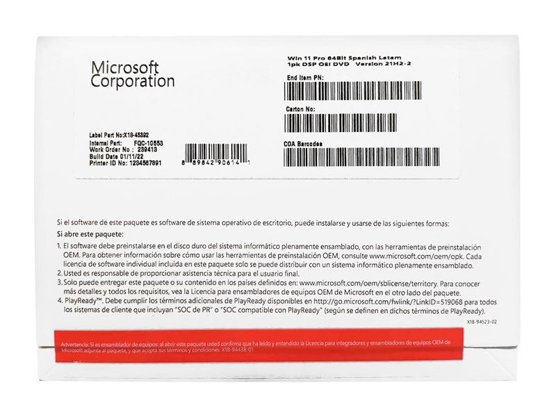 WINDOWS MICROSOFT 11  PRO 64BITS FQC-10553 ESPAÑOL PERPETUO